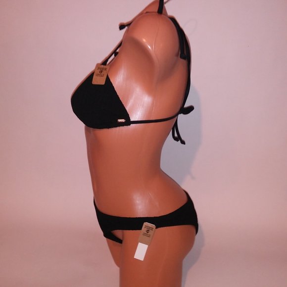 Victoria Secret PINK Swim Bikini Large Top & Bottom Black Ribbed Triangle String - Picture 8 of 11